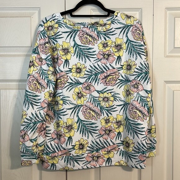 LOU & GREY Size Medium Tropical Cozy Cotton Terry Sweatshirt White Yellow Pink - Picture 7 of 7